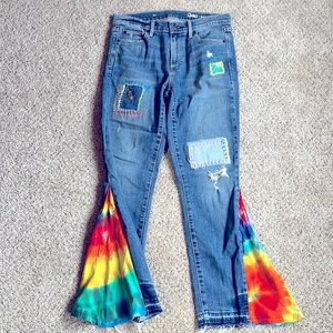 Gap jeans upcycled, with bellbottoms patches, and Shashiko stitching.